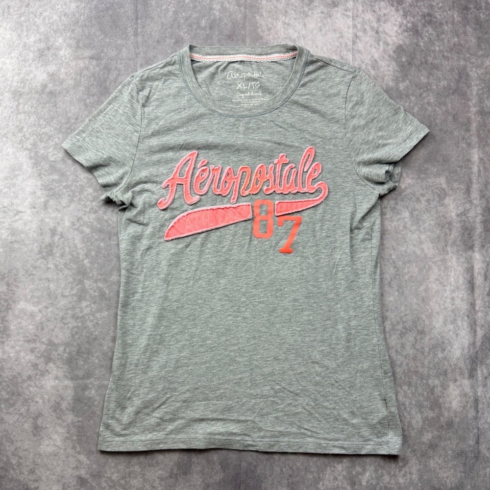 Aeropostale Womens XL Gray Graphic Tee Pink Logo Short Sleeve